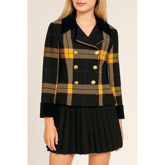 Vintage Mondi Yellow & Black Wool Plaid Double Breasted Blazer Gold Buttons USA - Picture 1 of 10